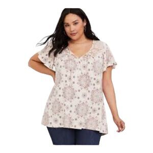 Torrid Super Soft Boho V Neck Lace Inset Flutter Sleeve Tee sz 0